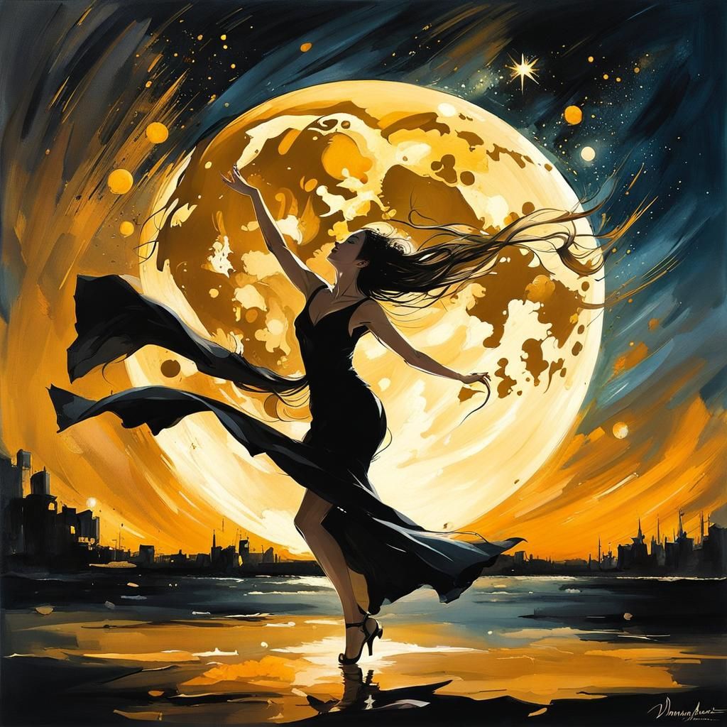 Moonlit Woman Dancing in Flowing Dress