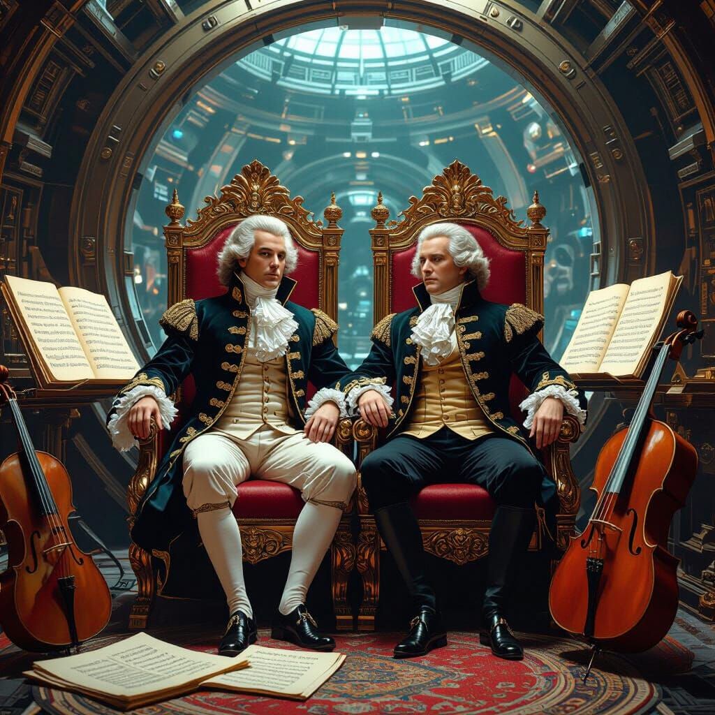 Mozart & Bach on Throne in Futuristic Time Capsule