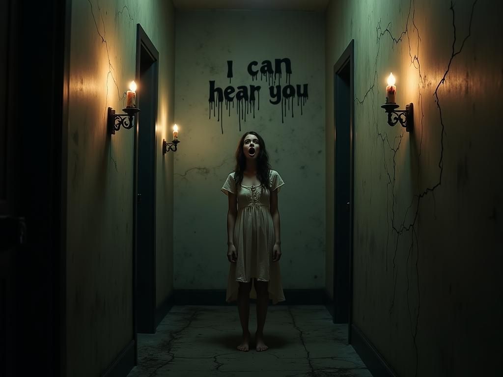 Terrified Woman in Eerie Hallway, Gothic Horror