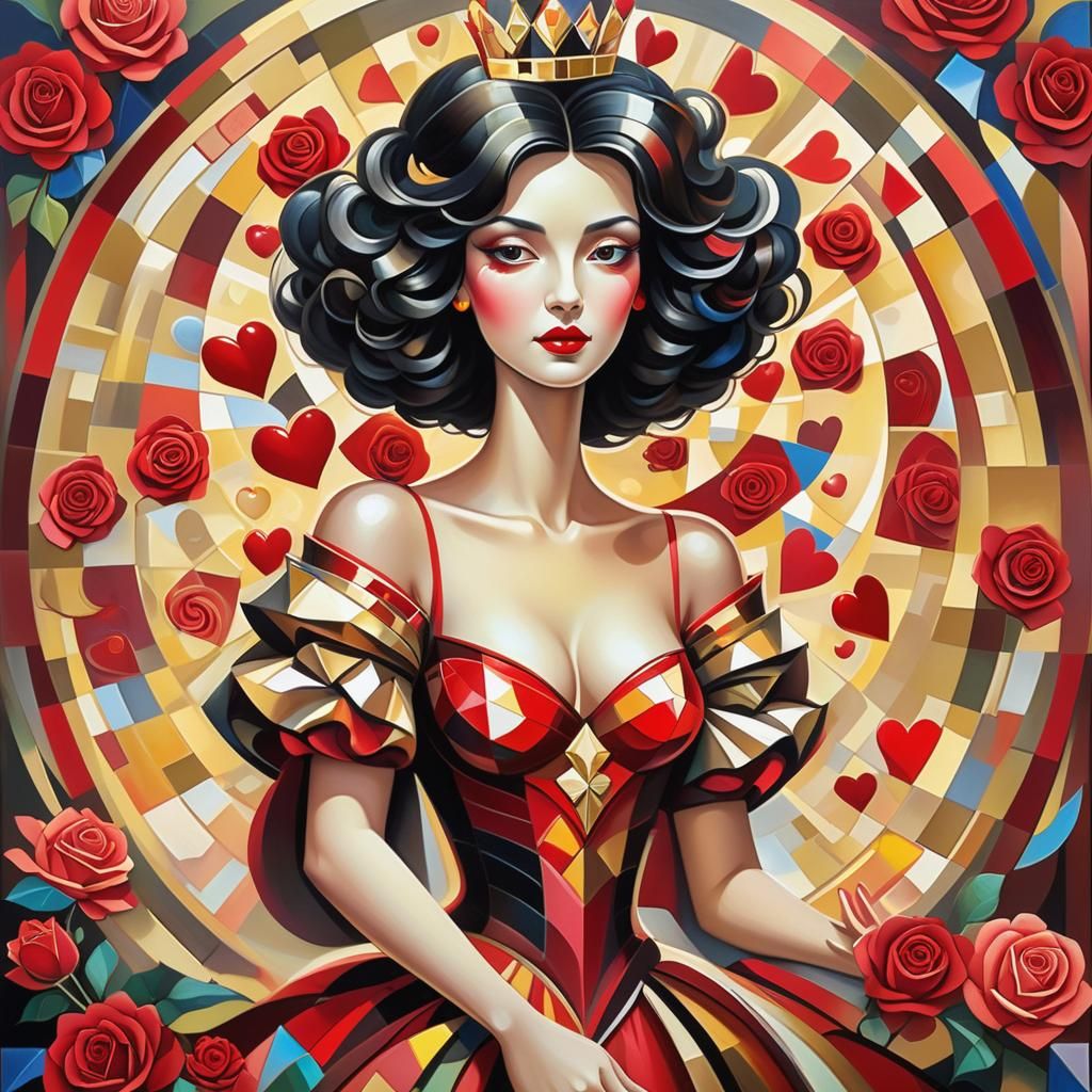 Cubist Queen of Hearts Portrait in Kurasov Style