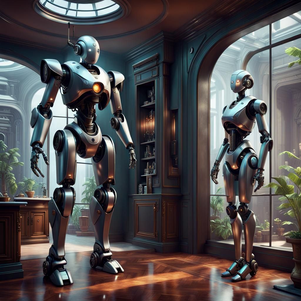 Futuristic Robot Designs in a Mansion, Detailed Matte Painti...
