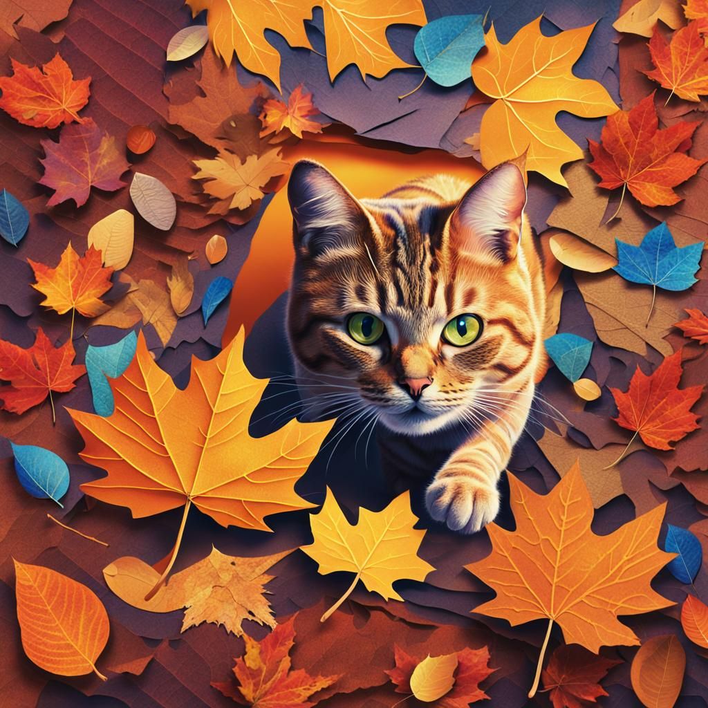Paper Collage Cat Pouncing in Autumn Leaves