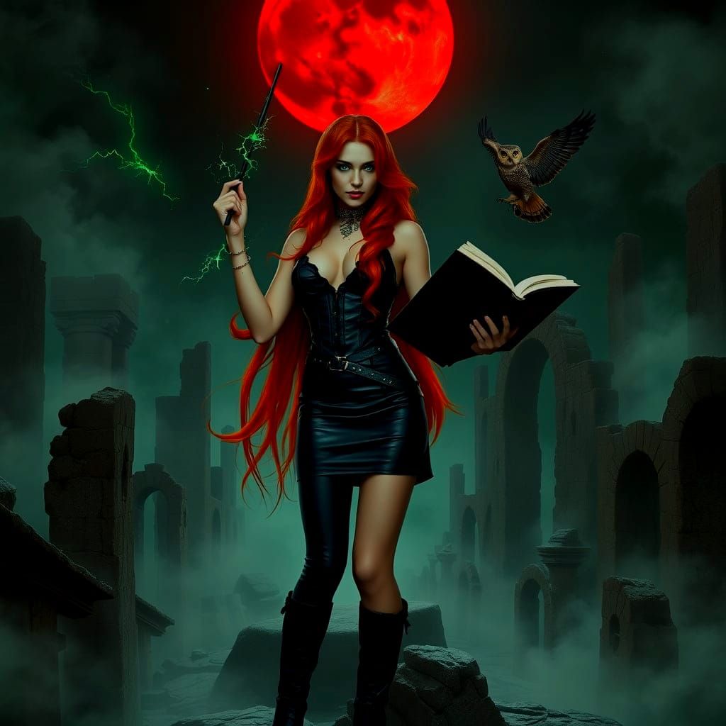 Gothic Sorceress Casting Spell in Ancient Ruins