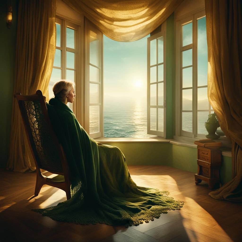 Woman in Armchair, Golden Light, Cinematic Still