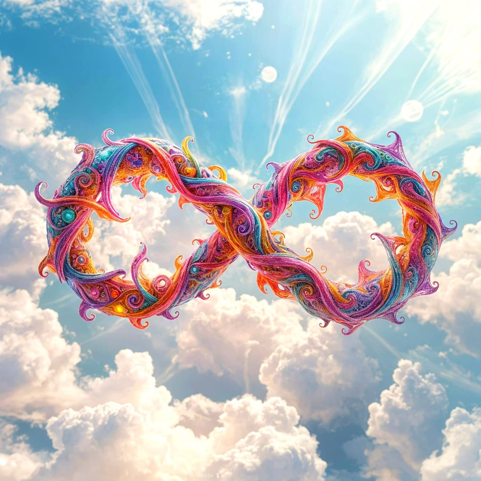 Vibrant Infinity Symbol in a Cloudy Sky, Fractal Artwork