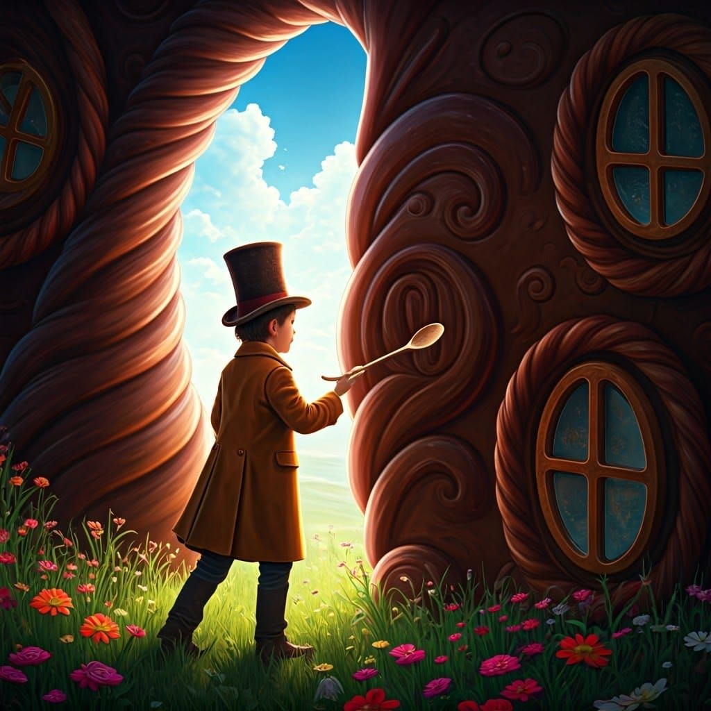 Boy Escapes Chocolate House in Matte Painting Style