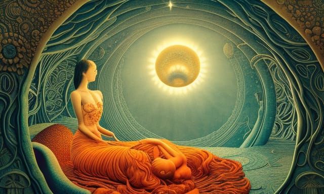 Woman in Surreal Sun and Moon Bed