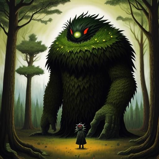 Giant Monster Hidden in Forest, Surrealist Style