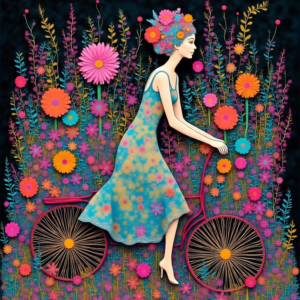Whimsical Bohemian Cyclist in a Fantastical Floral Realm