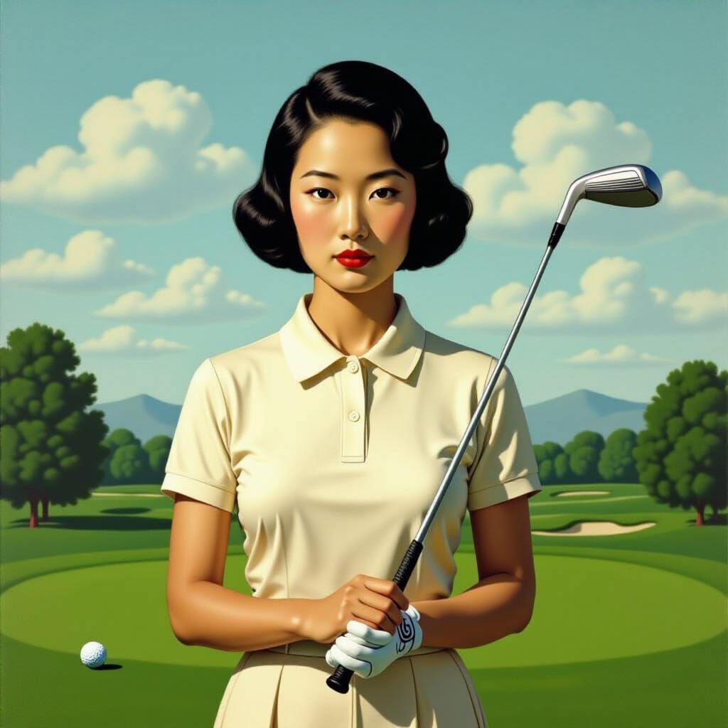 Asian Woman Playing Golf in Surreal Style