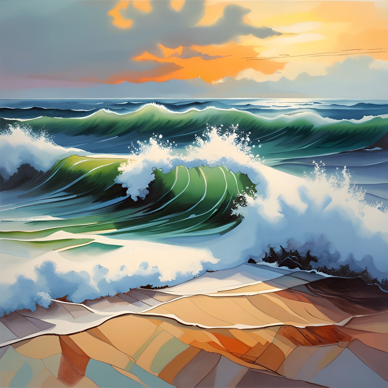 Waves roll onto beach, some mirrored on the beach