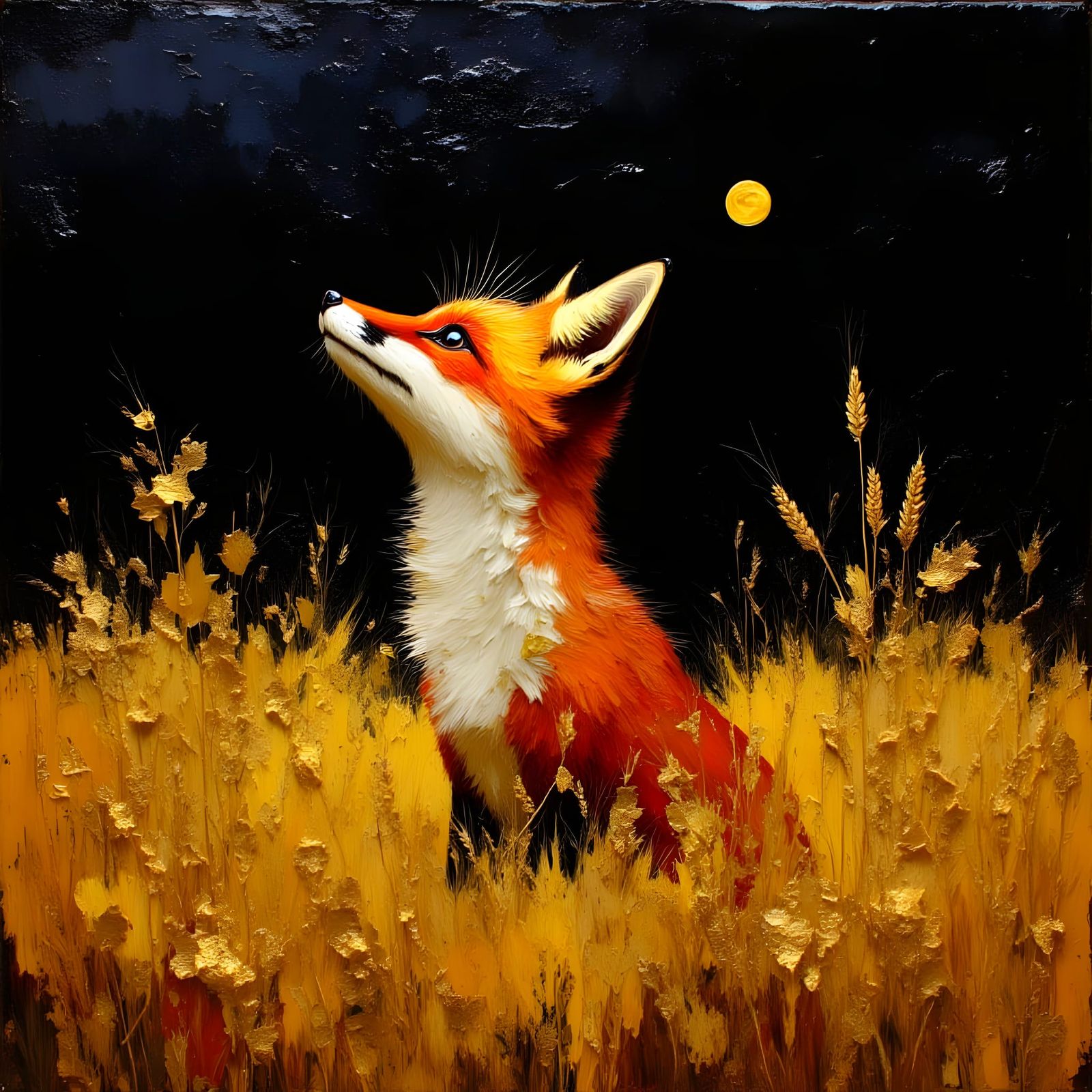 Regal Fox in Wheat Field Impasto Oil Painting
