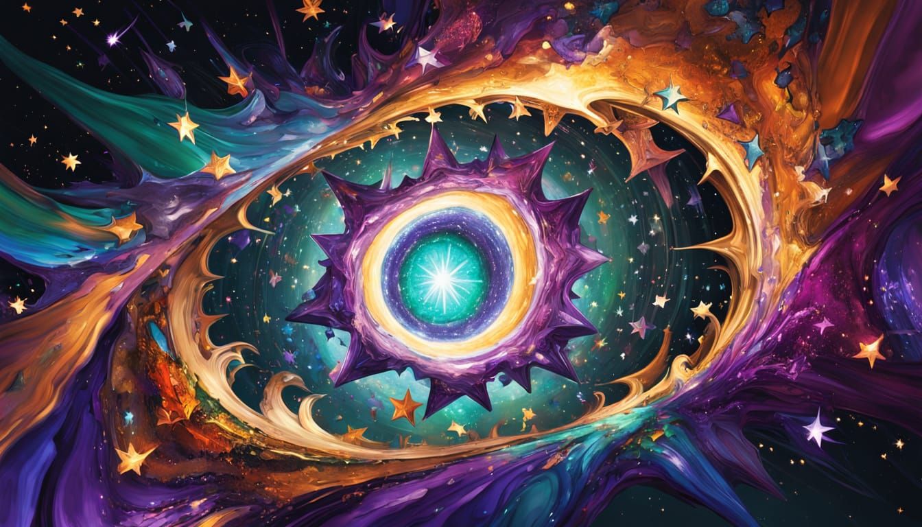 Stunning Mirrored Cosmic Dance in Metallic Green and Purple