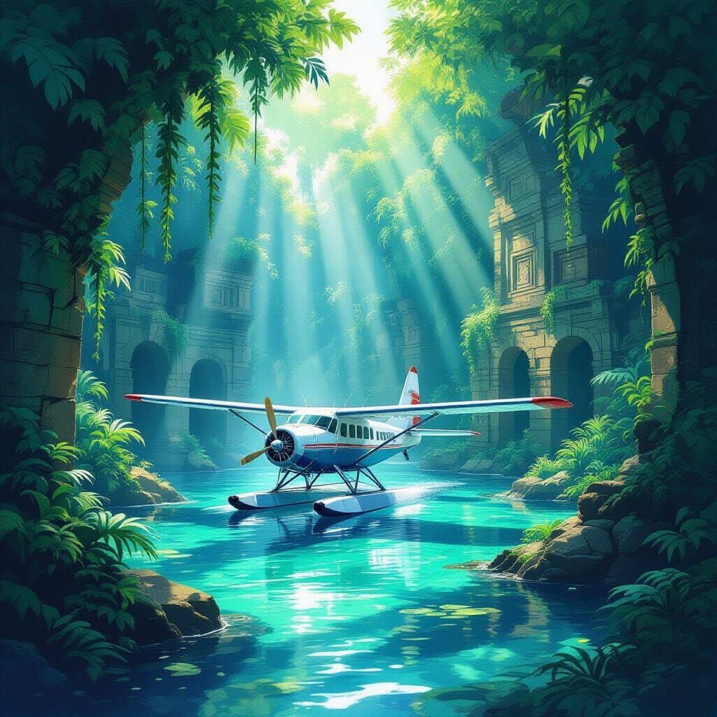 Majestic Seaplane Lands in Ancient Jungle Lagoon