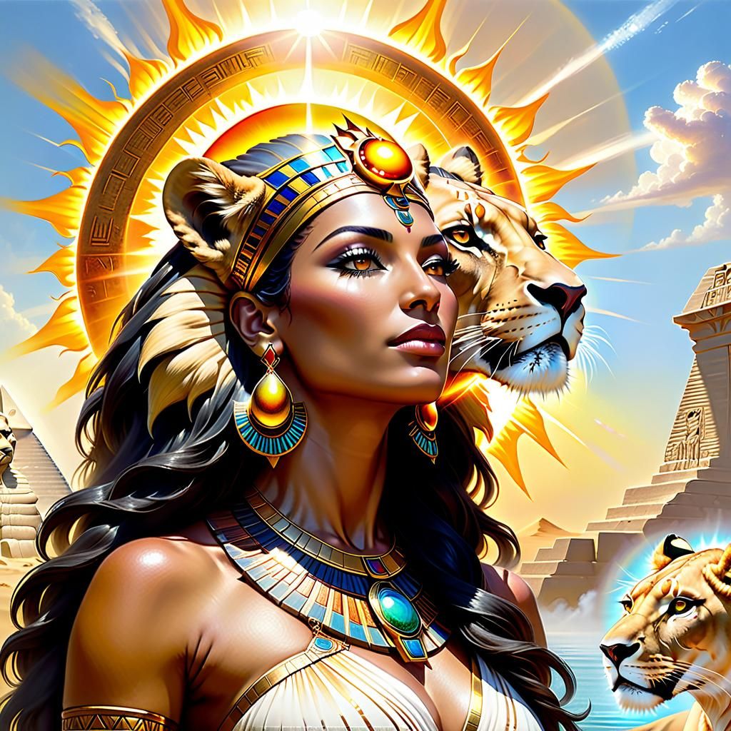 Radiant Sekhmet Portrait in Thomas Kinkade Style