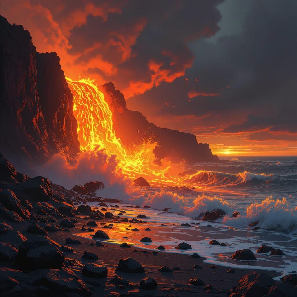 Lava Tsunami on Rocky Shoreline in Dramatic Style