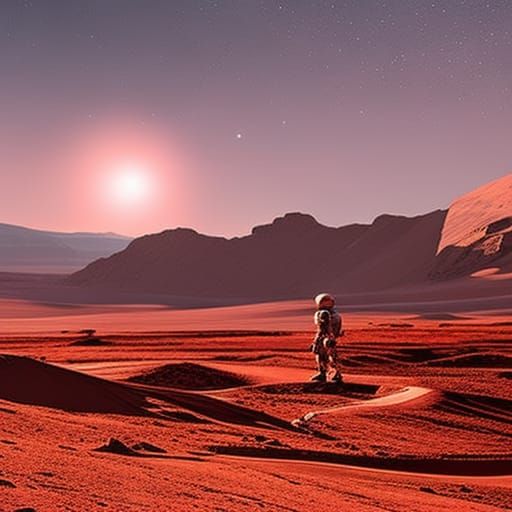 Astronaut Landing on Mars with Rover and Mountains