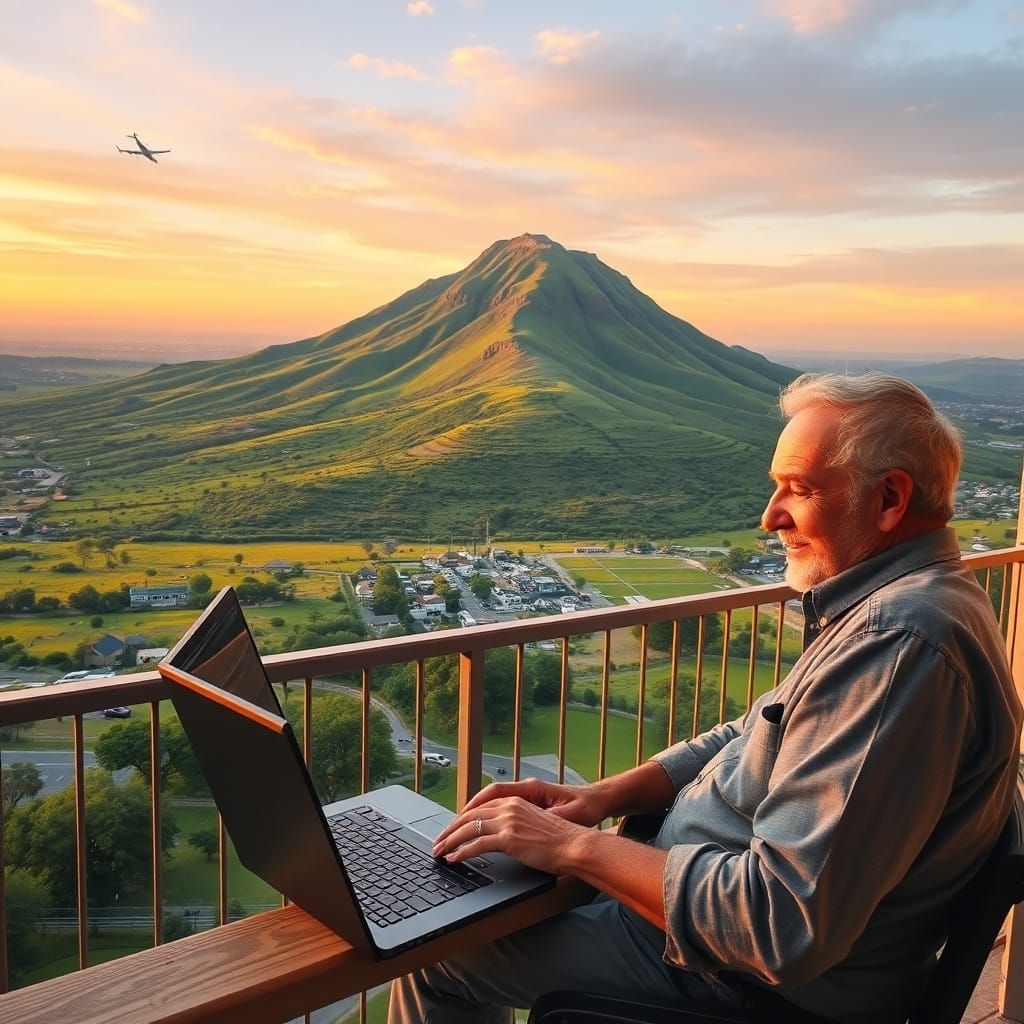Man Works on Laptop with Mountain Ridge View at Sunset