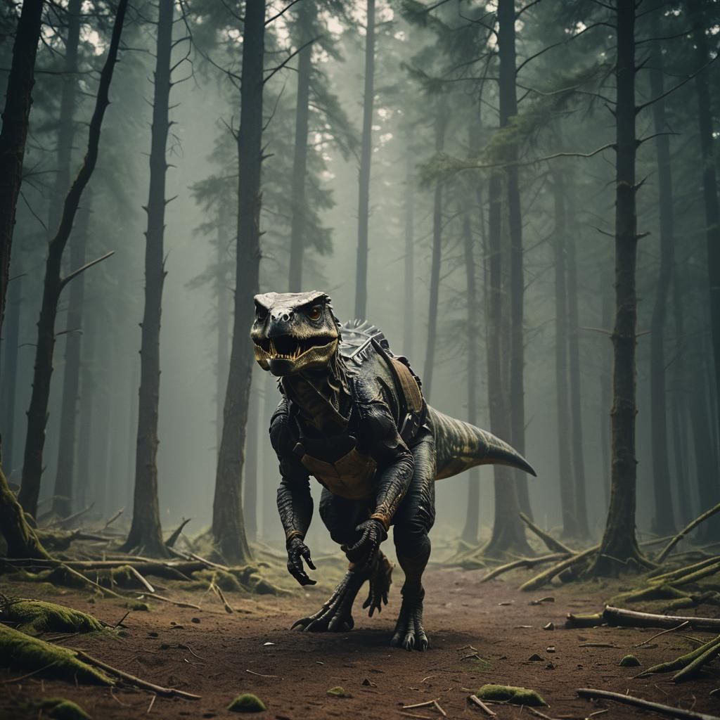 Dramatic Film Still of a T-Rex