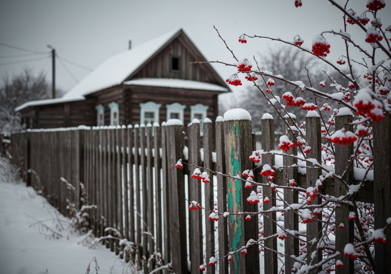 Moody Winter Scene with Red Berries and Rustic Fence