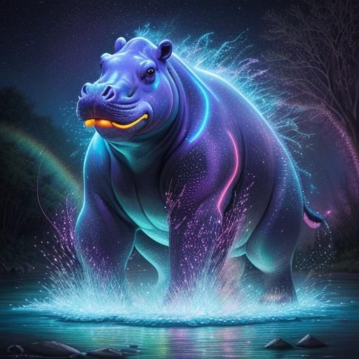 Luminous Hippopotamus in Electric Fantasy Art Style