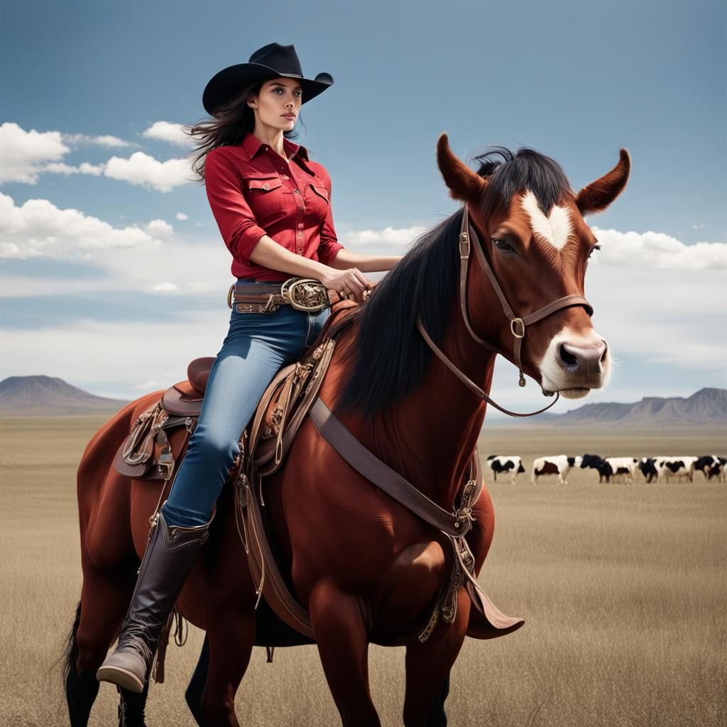 Brunette Cowgirl on Horseback Lassoing a Cow
