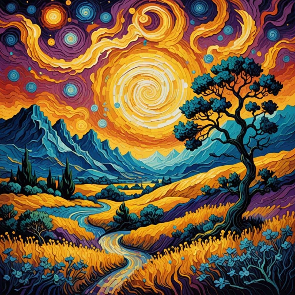 Surreal Dreamscape with Majestic Tree in Vibrant, Swirling S...