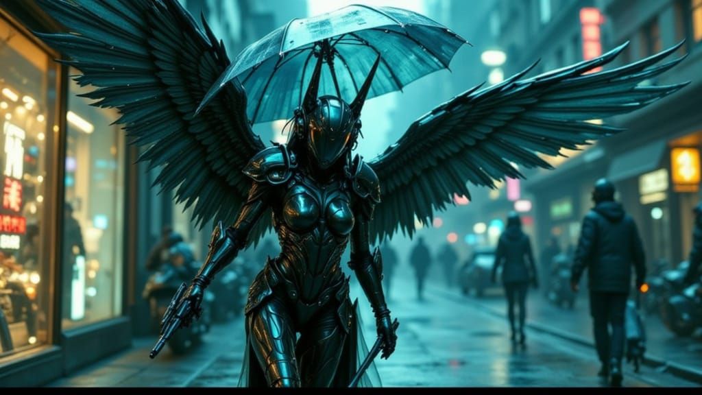 Cyberpunk Angel Embracing Rainy Night