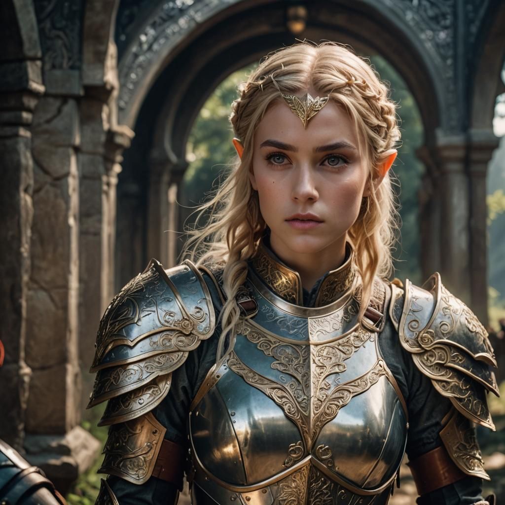 Beautiful Elf in Ornate Armor: Cinematic Film Still