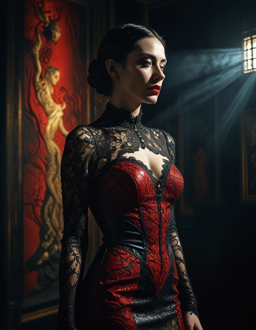 Surreal Woman in Leather and Lace Dress