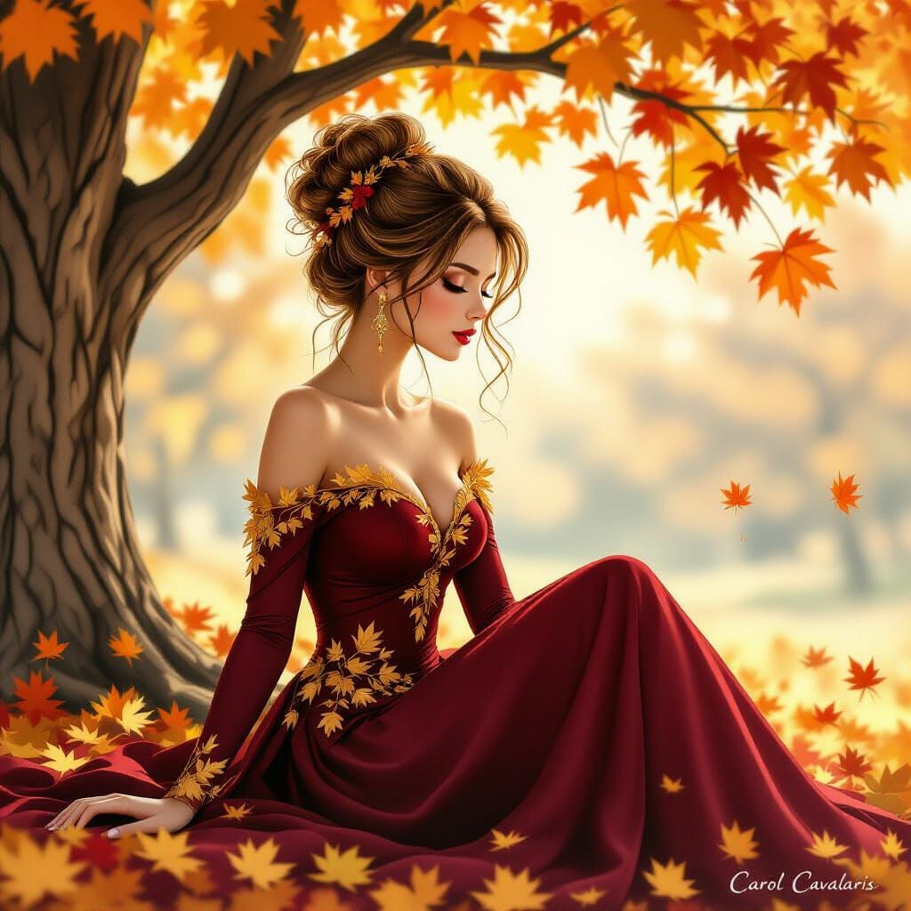Girl in Burgundy Dress Under Golden Maple Tree