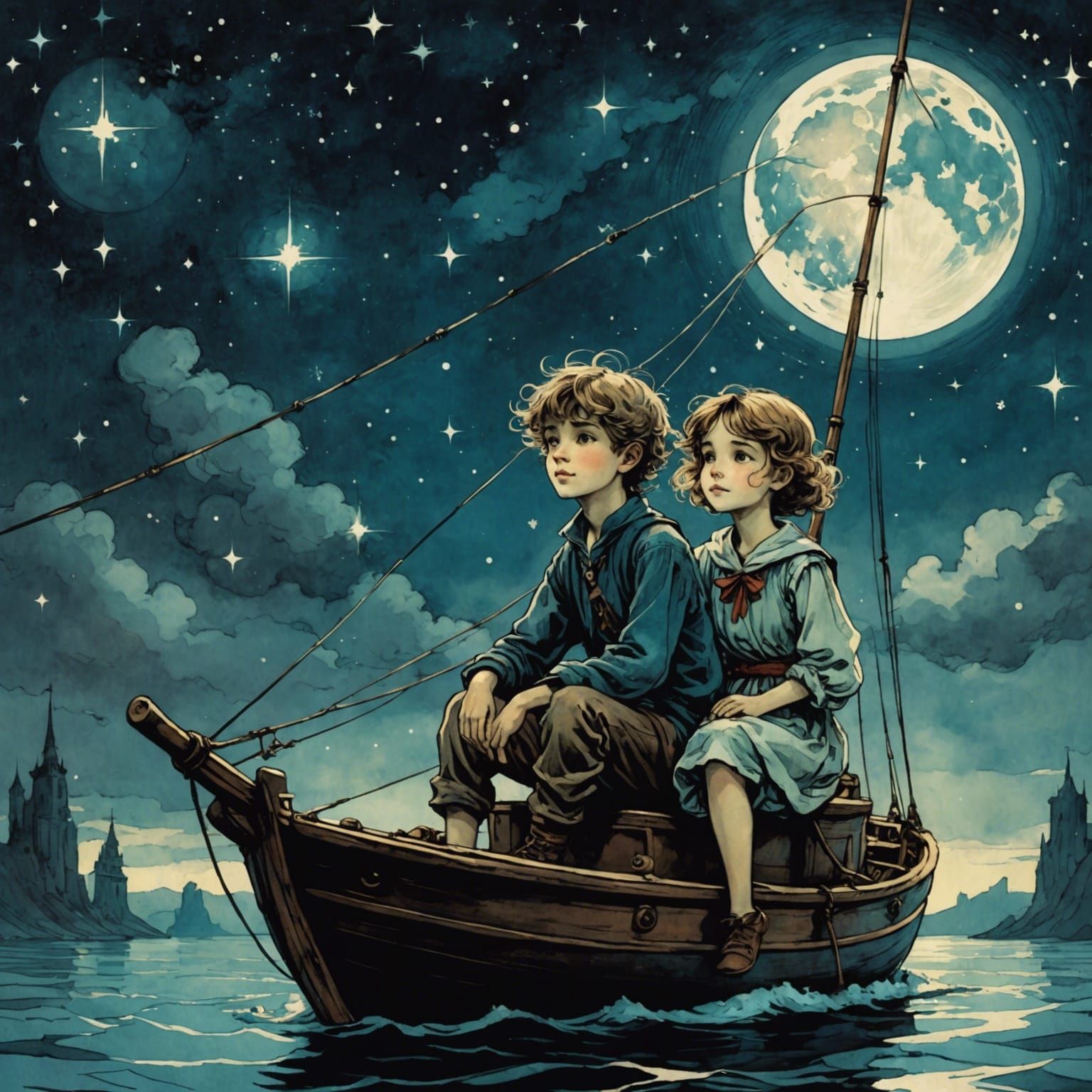 Children Sailing Among Stars in Rackham Anime Style