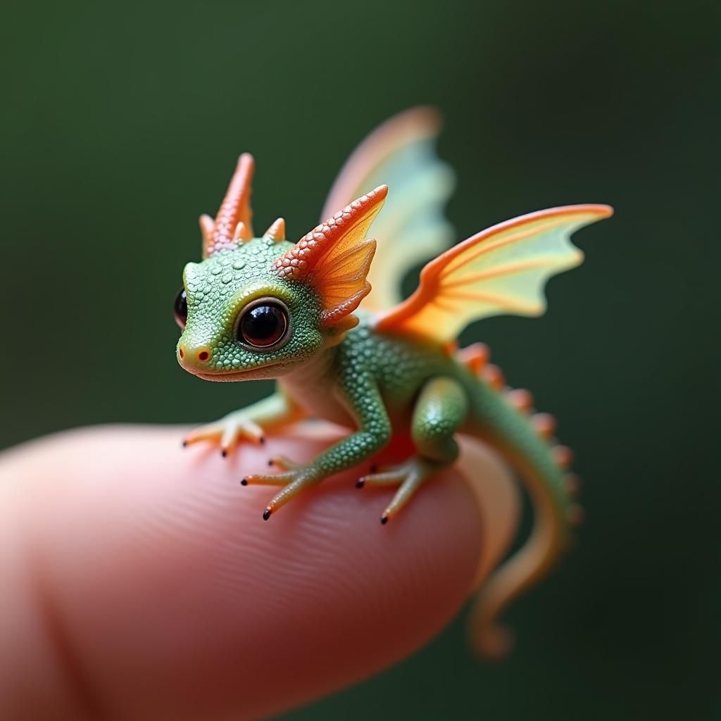 Miniature Iridescent Dragon on Finger