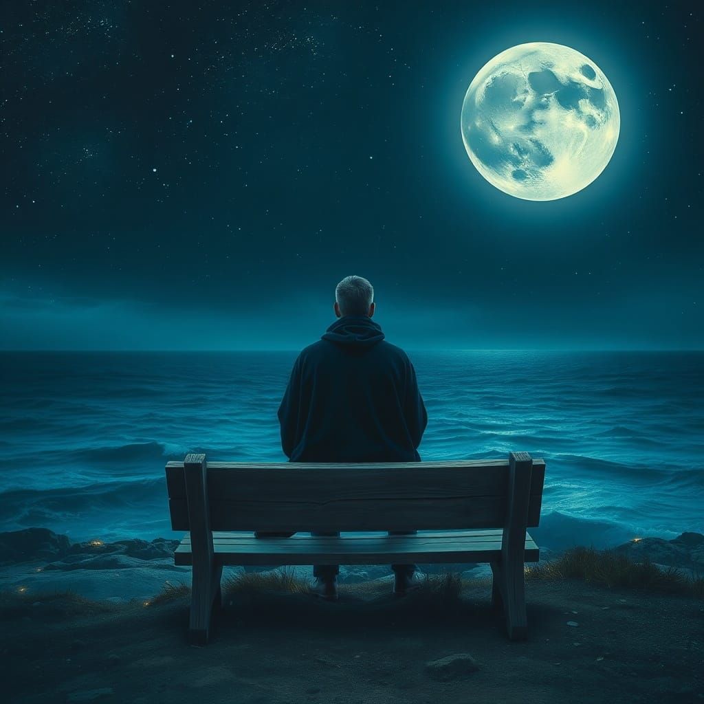 Solitary Man Gazing at Starlit Ocean