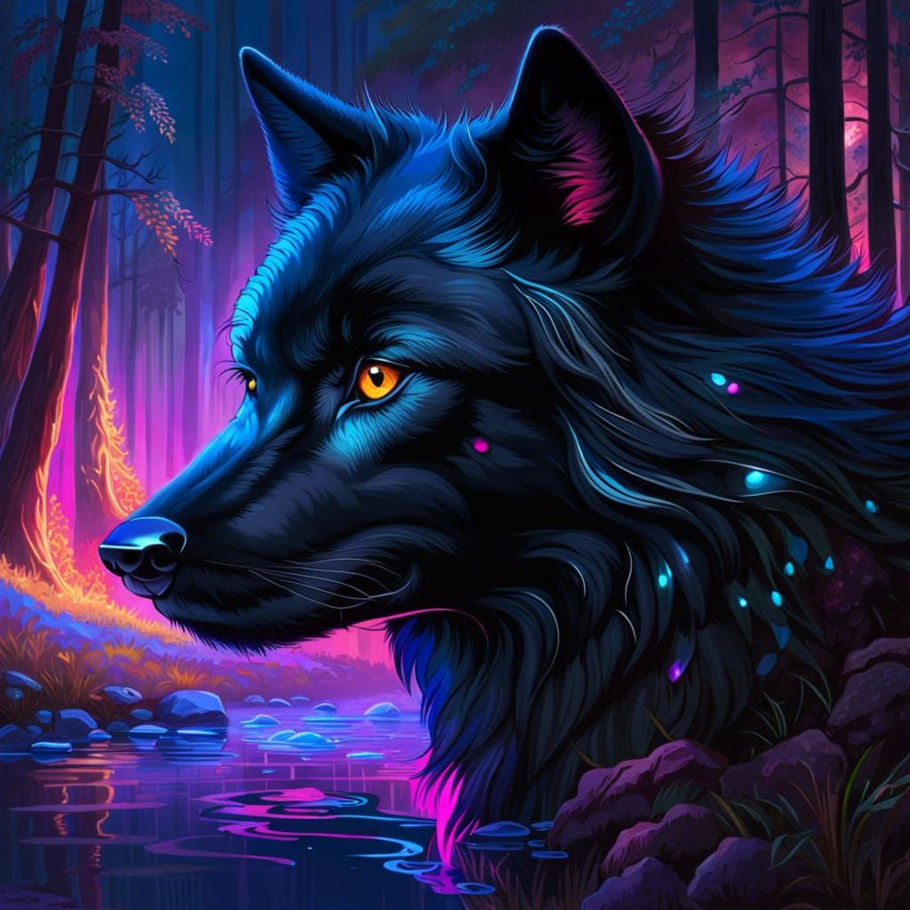 Fantasy Black Wolf Portrait with Neon Reflections