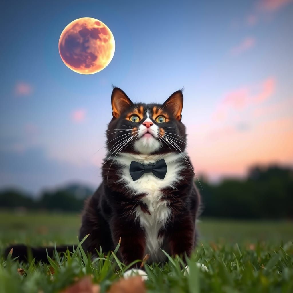 Tuxedo Cat Plays Under Lunar Eclipse
