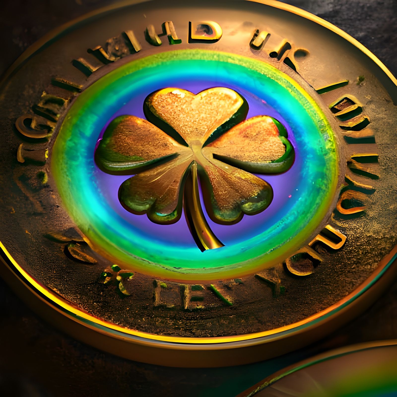 Gold Coin with Emerald Clover: Dark Fantasy Art