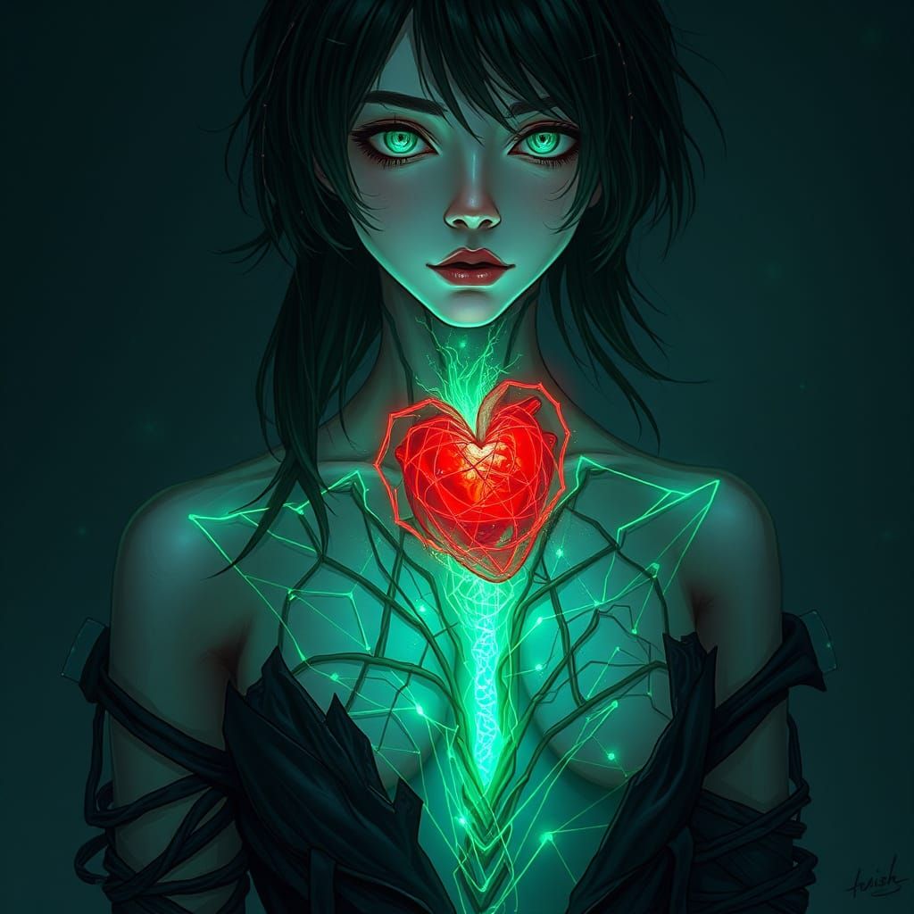 Ethereal Cyberpunk Figure with Glowing Heart