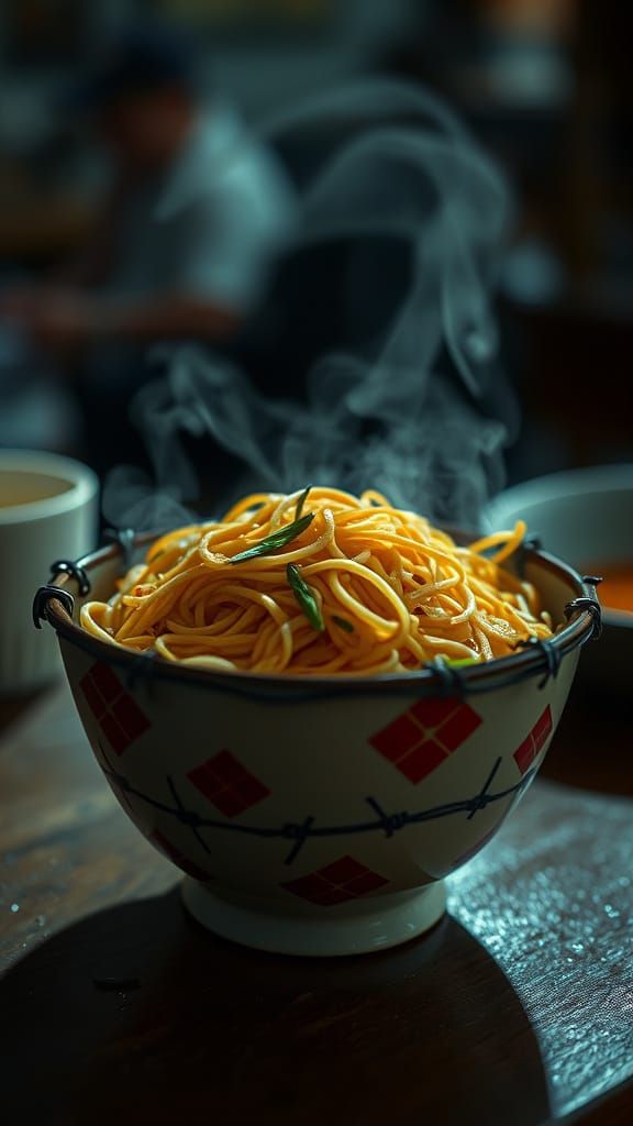 Barbed Wire Noodles: A Dramatic Cinematic Still