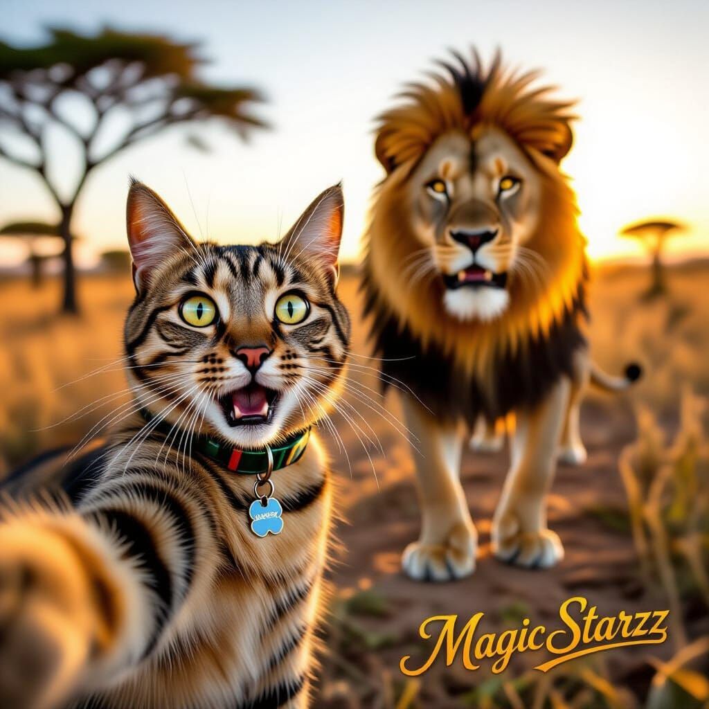 Tabby Cat Selfie with Lion in Savannah