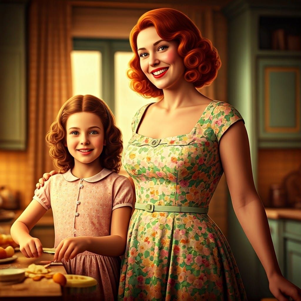 Joyful Mother and Daughter in 1960s Kitchen