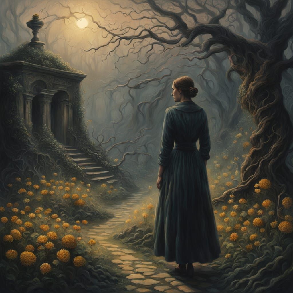 Surreal Garden Scene in Oil Painting Style