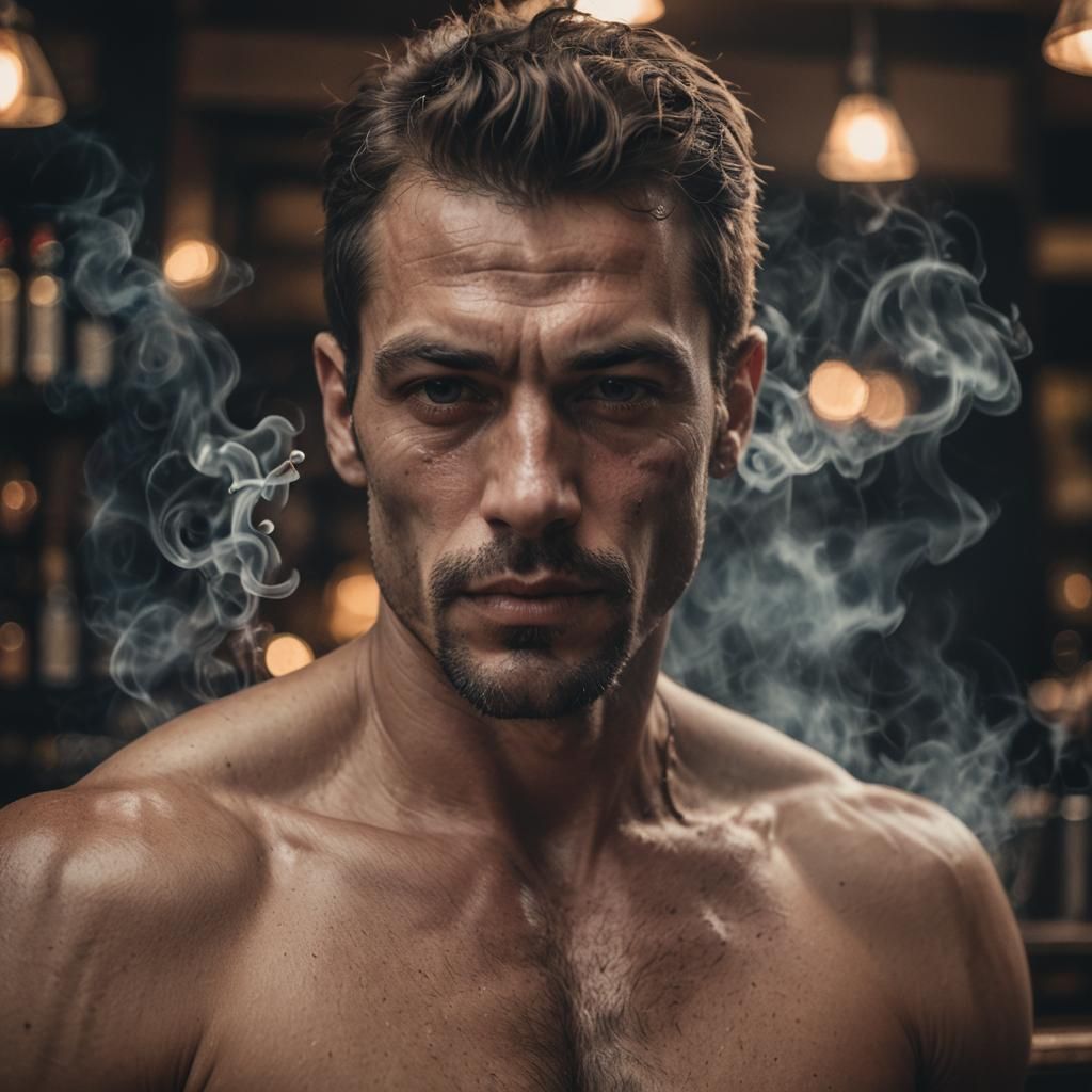 Intense Portrait of Shirtless Man Smoking at Bar