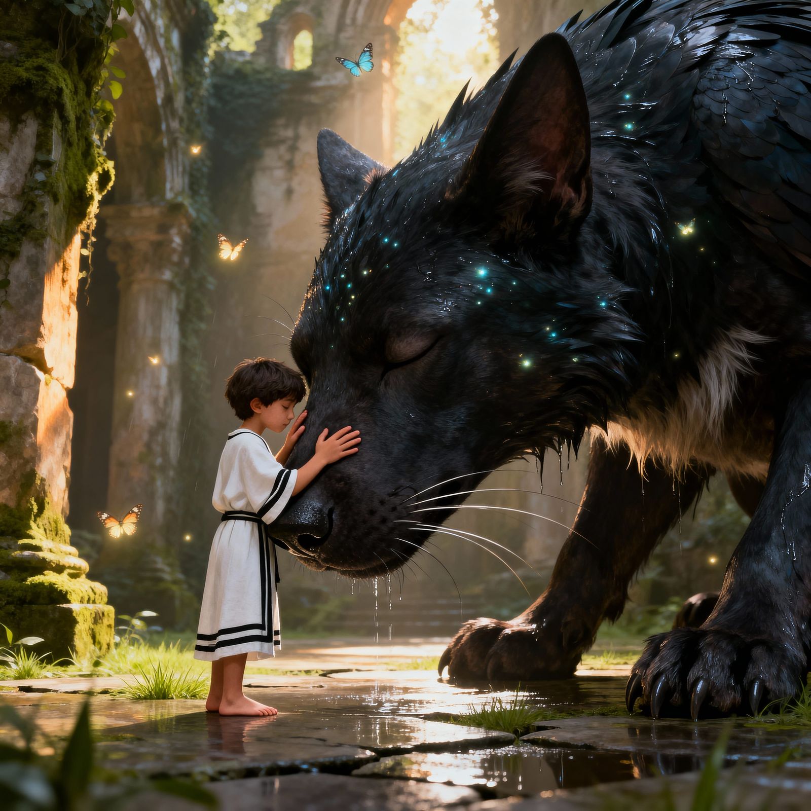 Boy's Tender Embrace with Colossal Fantastical Beast