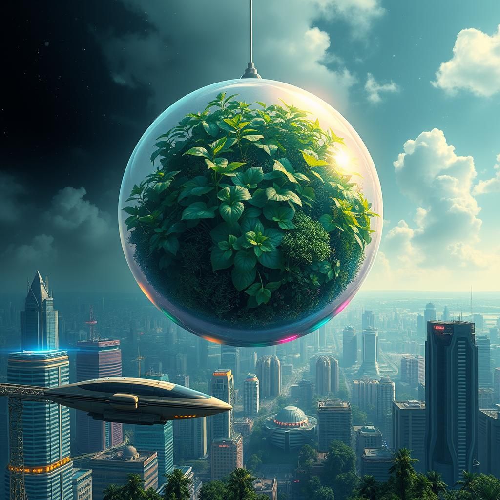 Iridescent Ecosystem Sphere Over Futuristic Metropolis