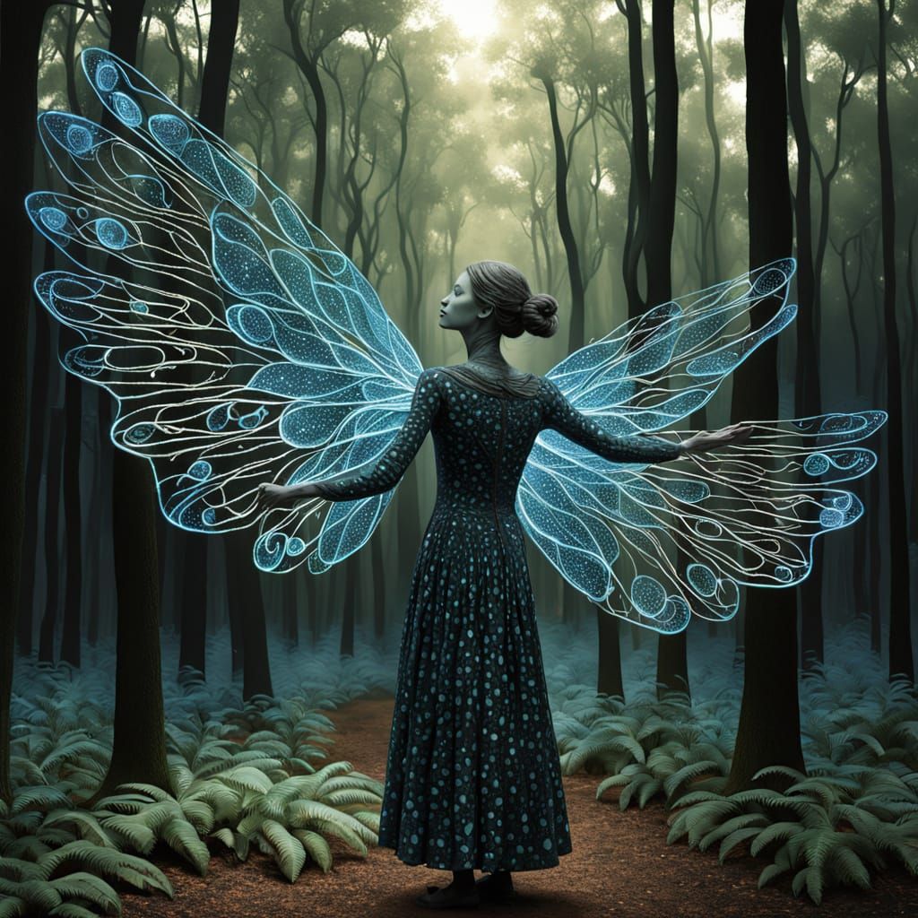 Surreal Winged Sculpture Blossoming in Forest