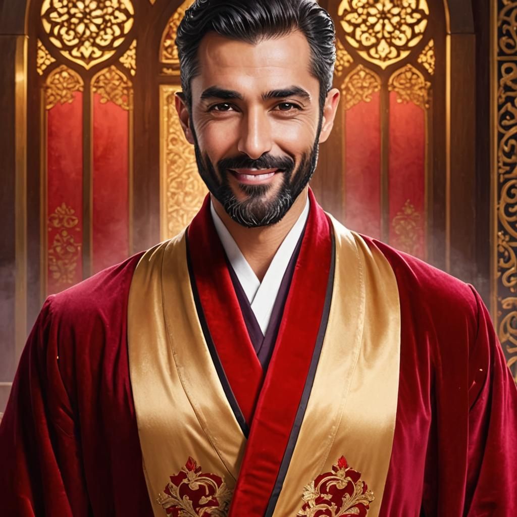 Bearded Man in Red Velvet Robe, Expressionist Oil Painting