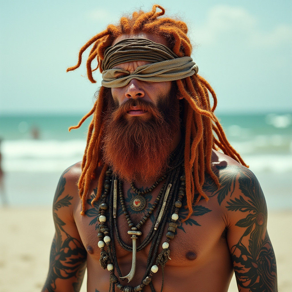 Hyperrealistic Beach Druid with Tribal Tattoos