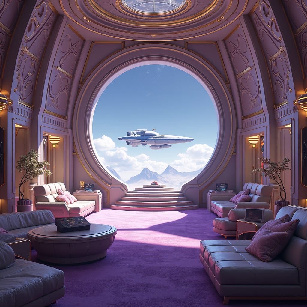 Elegant Galactic Spaceship Interior with Purple and Gold Acc...