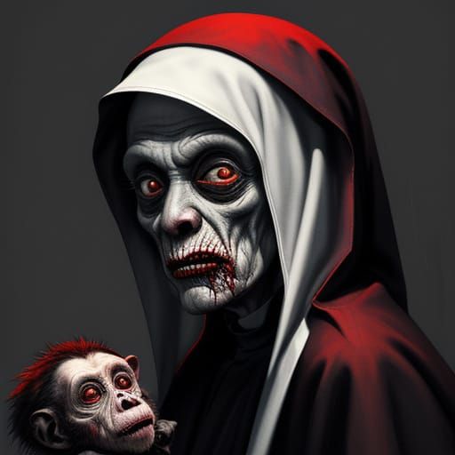 Surreal Oil Painting of a Nun Holding a Crying Zombie Toddle...
